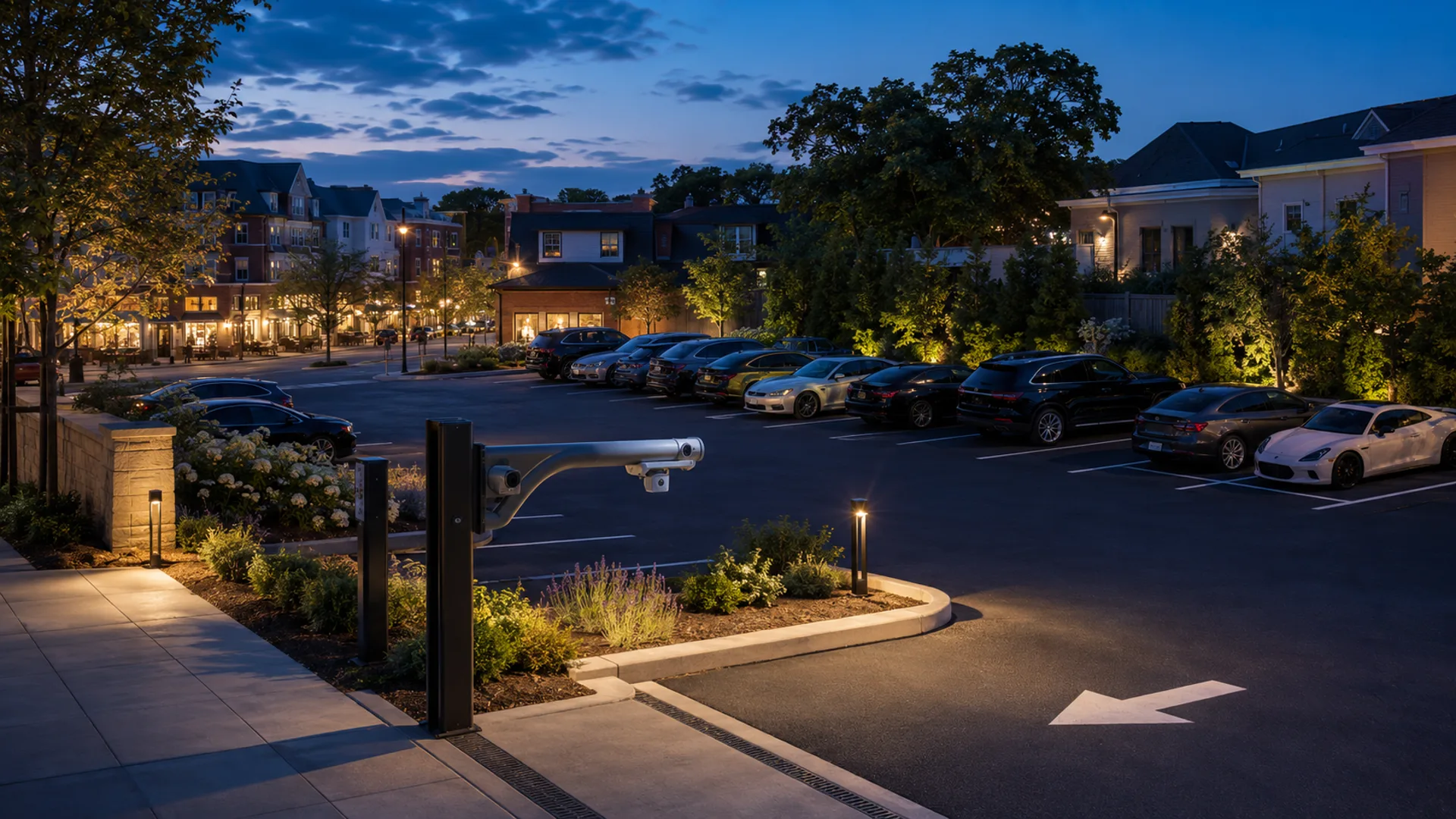 A managed parking lot near a busy downtown at night